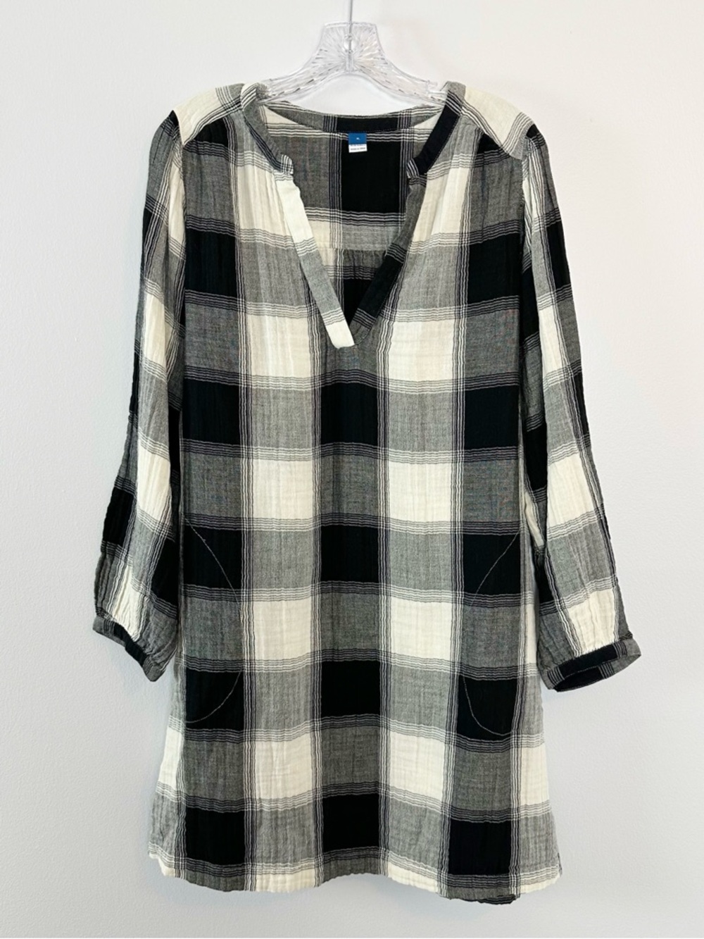 NWT Old Navy Black White Plaid Medium Cotton Long Sleeve Midi Dress